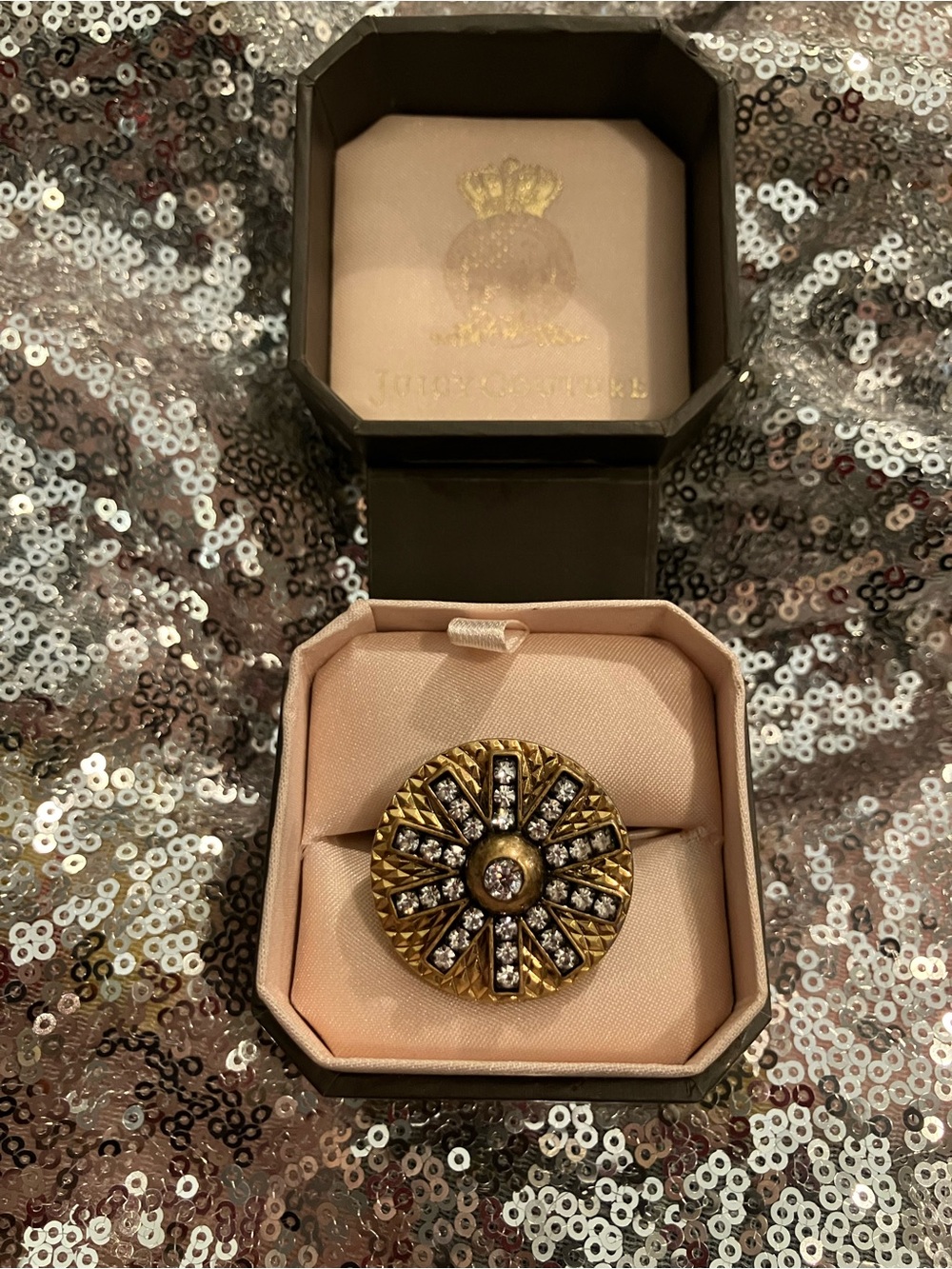 Vintage Juicy Couture Deco Black & Gold Crystal Sunburst Cocktail Ring